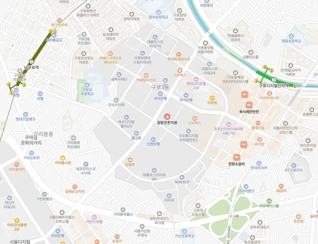 참맑은한의원 위치를 빨간 표시로 짚은 네이버 지도, 2호선 구로디지털단지역 서쪽 구로3동 우리은행과 신한은행 사이